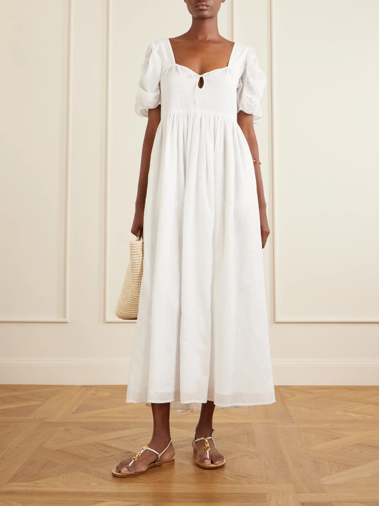 Image of Dresses. Product name - Calliope Embroidered Cotton Midi Dress in Off-white colour by brand - Thierry Colson