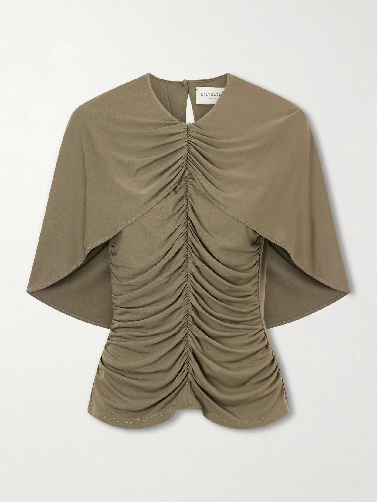 Image of a model wearing Tops. Product name - Emme Cape-effect Gathered Jersey Top in Gray green colour by brand - KALLMEYER