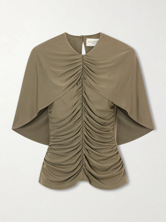 Image of a model wearing Tops. Product name - Emme Cape-effect Gathered Jersey Top in Gray green colour by brand - KALLMEYER