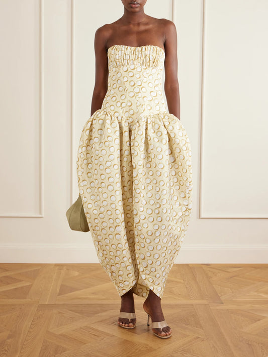 Image of Dresses. Product name - Paula Ruched Printed Brocade Gown in Cream colour by brand - ALÉMAIS