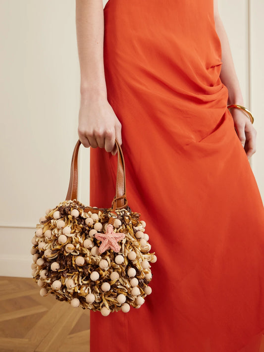 Pom Pom Leather-trimmed Beaded Woven Raffia Mini Bag