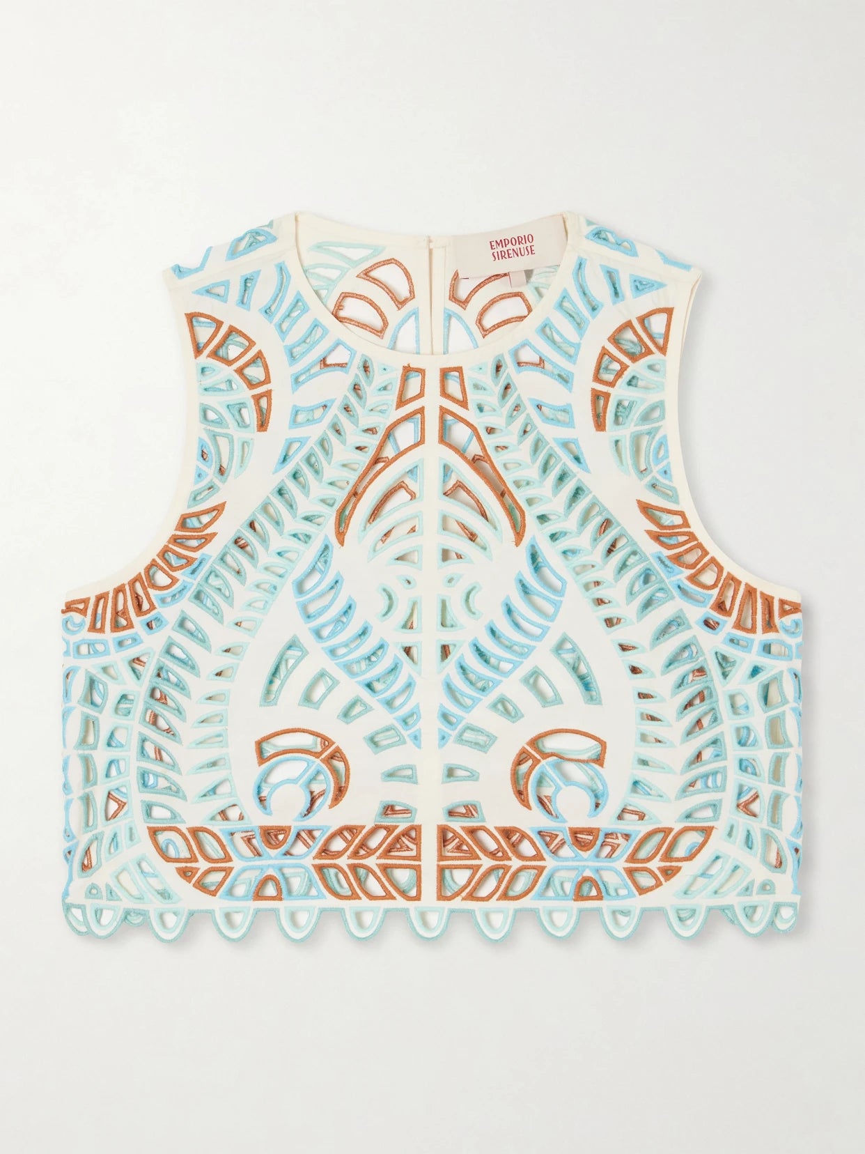 Image of a model wearing Tops. Product name - Ada Brisé Mare Broderie Anglaise Cotton Top in Cream colour by brand - Emporio Sirenuse