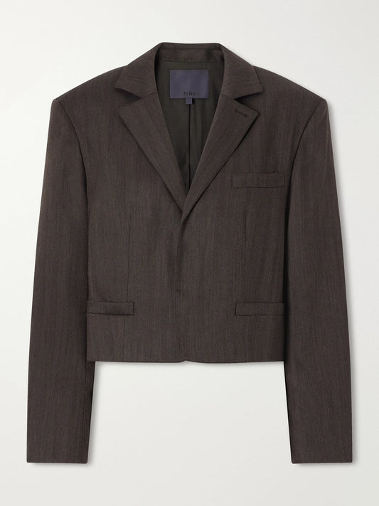 Tibi Wool-blend Herringbone Cropped Blazer