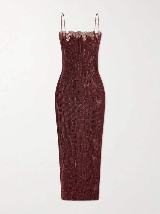 Image of Dresses. Product name - Lumie Lace-trimmed Pleated Satin Midi Dress in Burgundy colour by brand - FFORME