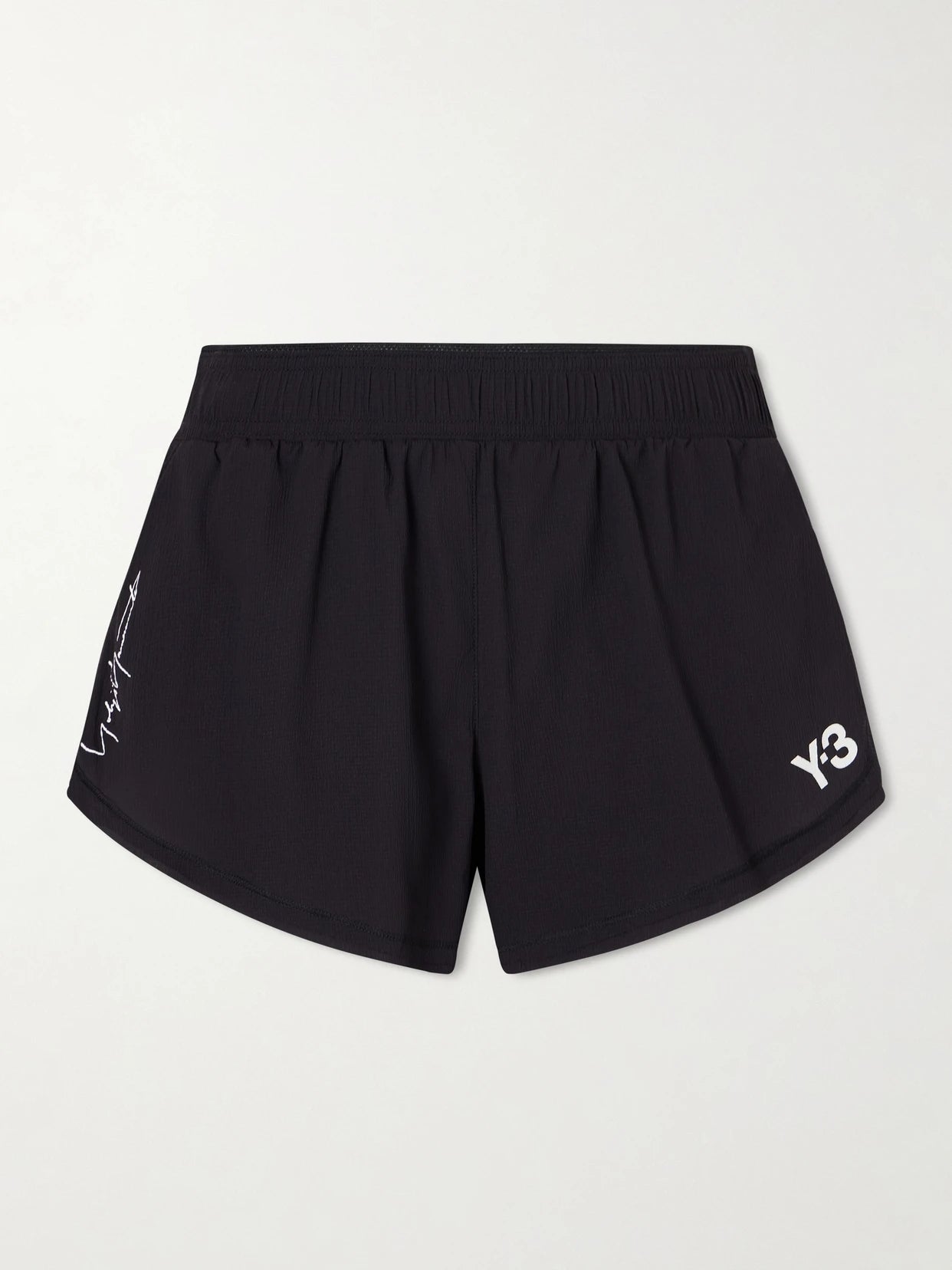 Image of a model wearing Shorts. Product name - + Y-3 Printed Crinkled-shell Shorts in Black colour by brand - adidas Originals