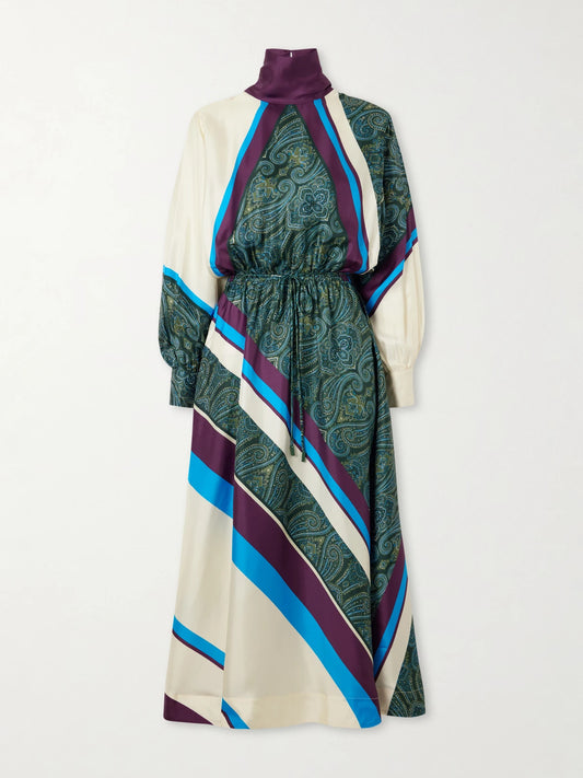 Image of Dresses. Product name - Joni Tie-detailed Printed Silk-twill Midi Dress in Multi colour by brand - ALÉMAIS