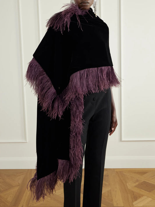 Image of Scarves & Shawls. Product name - Vlogo-embellished Feather-trimmed Velvet Wrap in Black colour by brand - Valentino Garavani