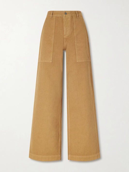Image of a model wearing Pants. Product name - Wide-leg Cotton-canvas Trousers in Brown colour by brand - Moncler