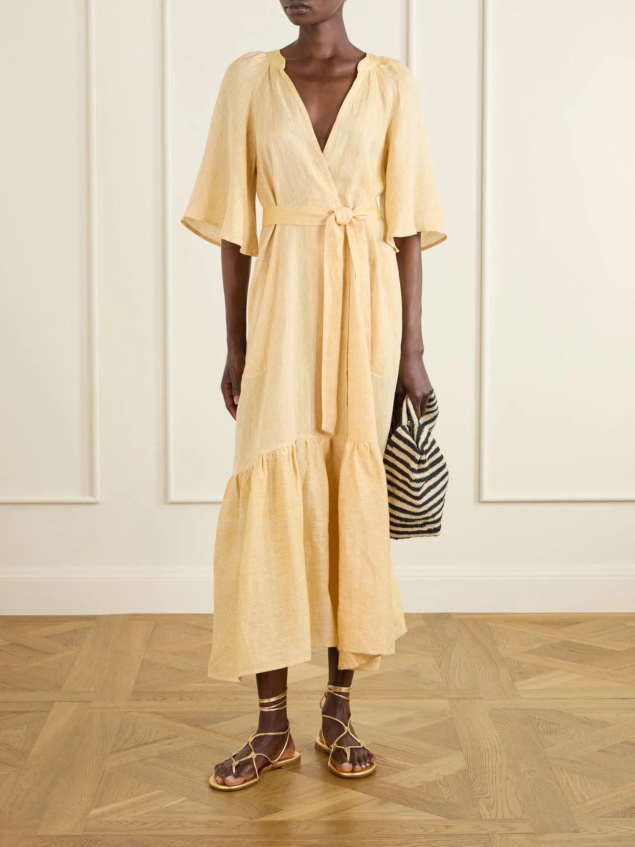 Image of Dresses. Product name - Audacieuse Belted Tiered Linen Midi Dress in Yellow colour by brand - Eres