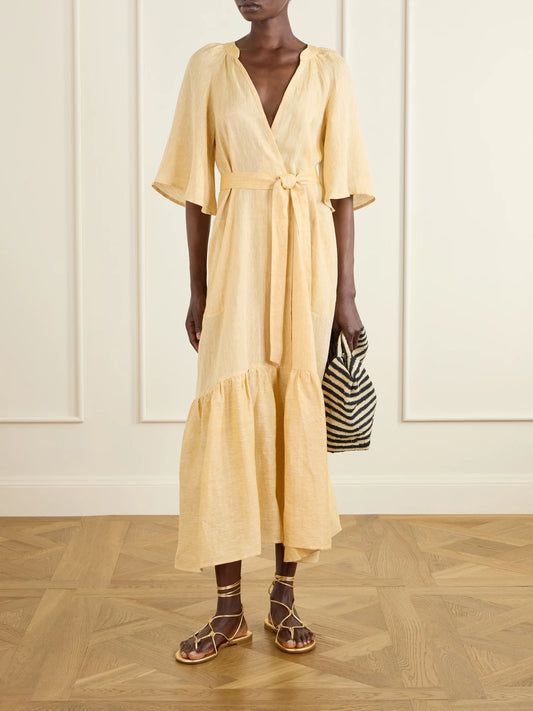 Image of Dresses. Product name - Audacieuse Belted Tiered Linen Midi Dress in Yellow colour by brand - Eres