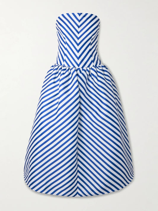 Image of Dresses. Product name - Strapless Striped Taffeta Midi Dress in Navy colour by brand - Self-Portrait