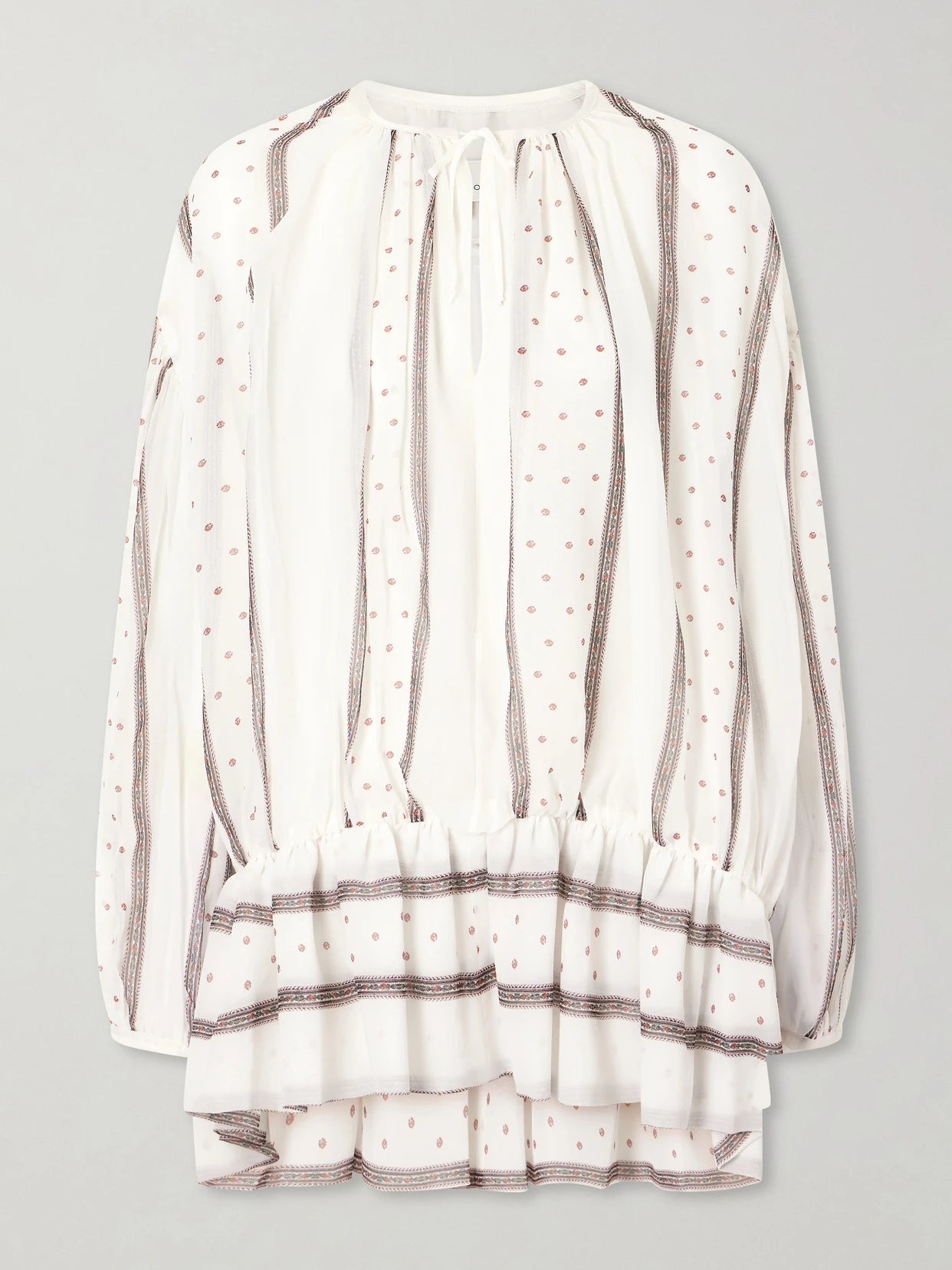Image of Dresses. Product name - Isla Printed Gathered Silk-chiffon Mini Dress in White colour by brand - LIBEROWE