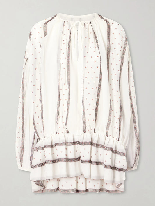 Image of Dresses. Product name - Isla Printed Gathered Silk-chiffon Mini Dress in White colour by brand - LIBEROWE