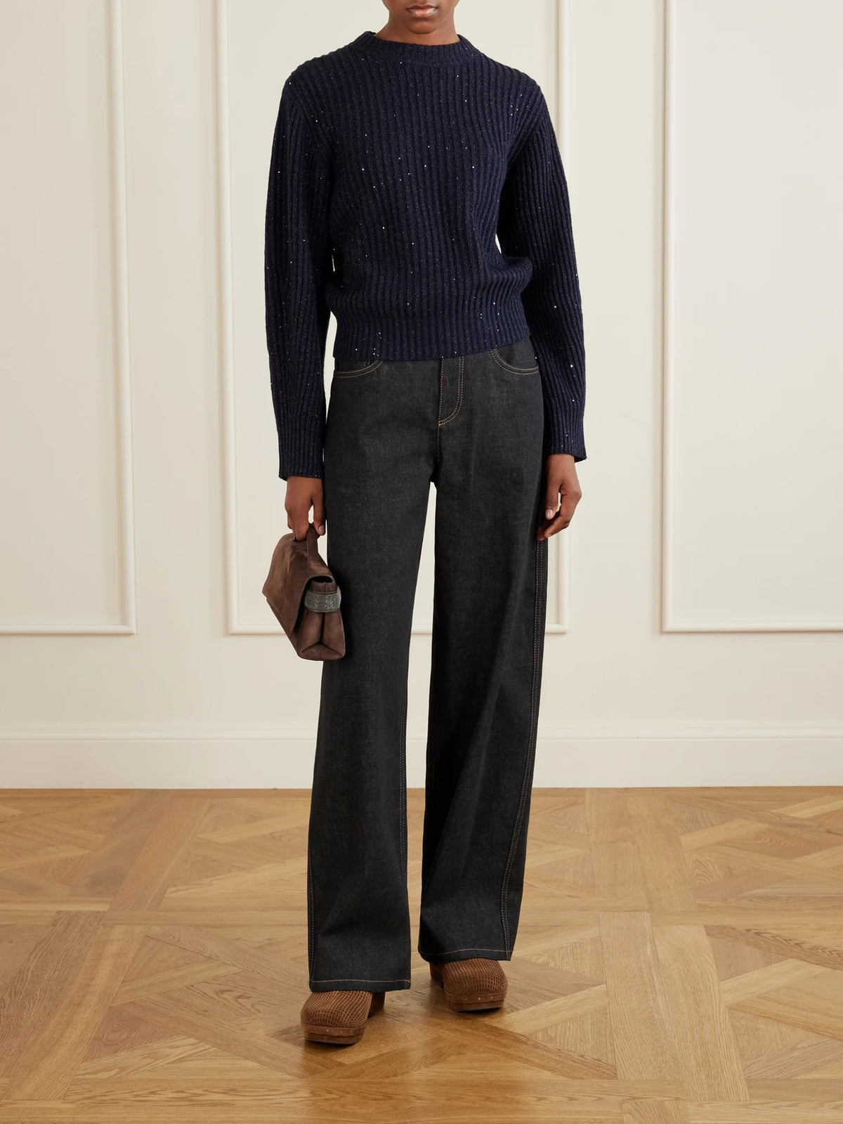 Image of Flats. Product name - Bead-embellished Shearling-trimmed Suede Clogs in Brown colour by brand - Brunello Cucinelli