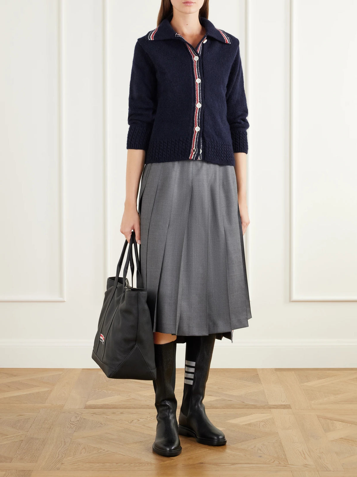 Thom Browne Tool Striped Grosgrain-trimmed Full-grain Leather Tote