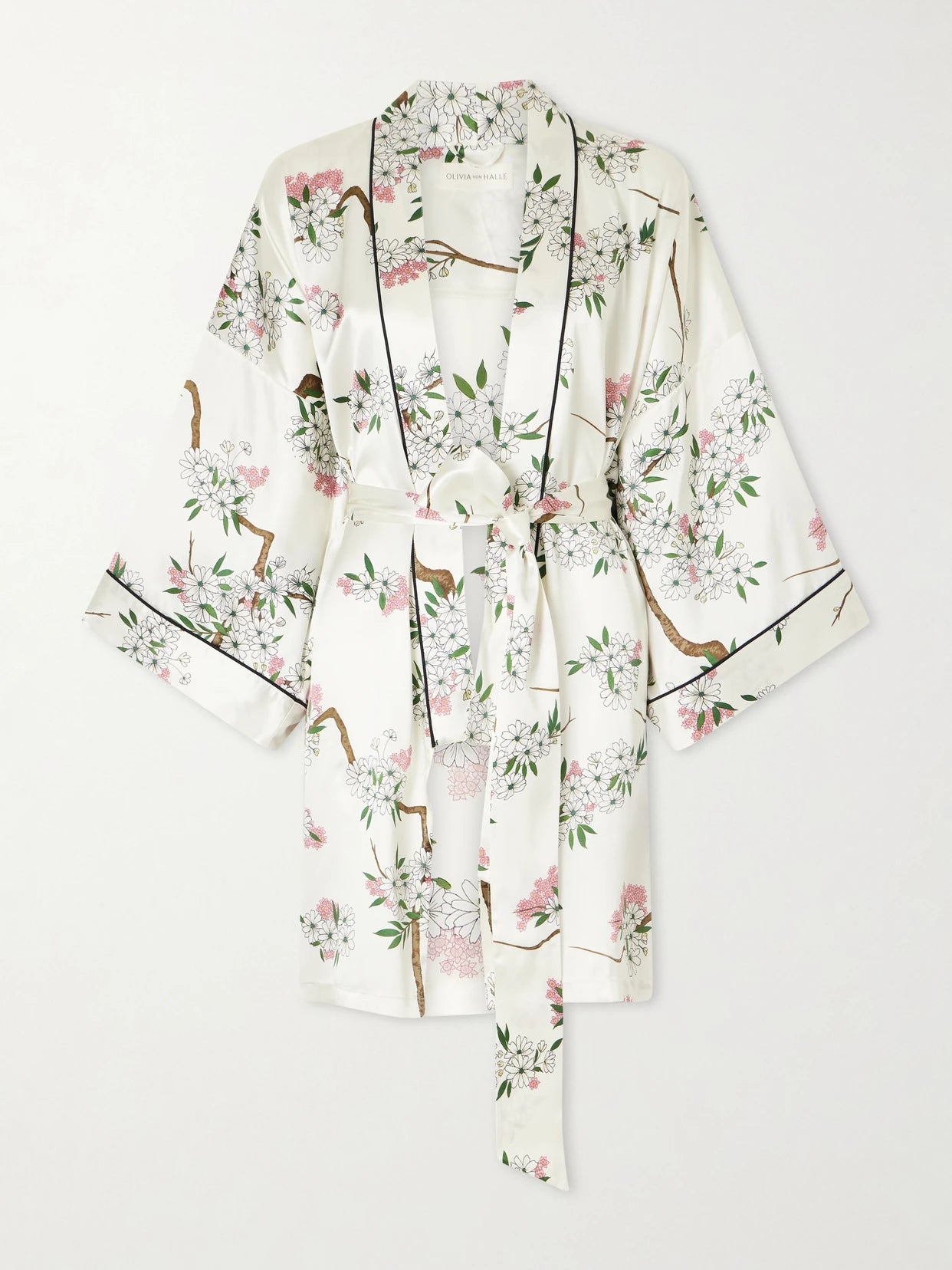 Image of Lingerie. Product name - Mimi Belted Printed Silk-satin Robe in White colour by brand - Olivia von Halle