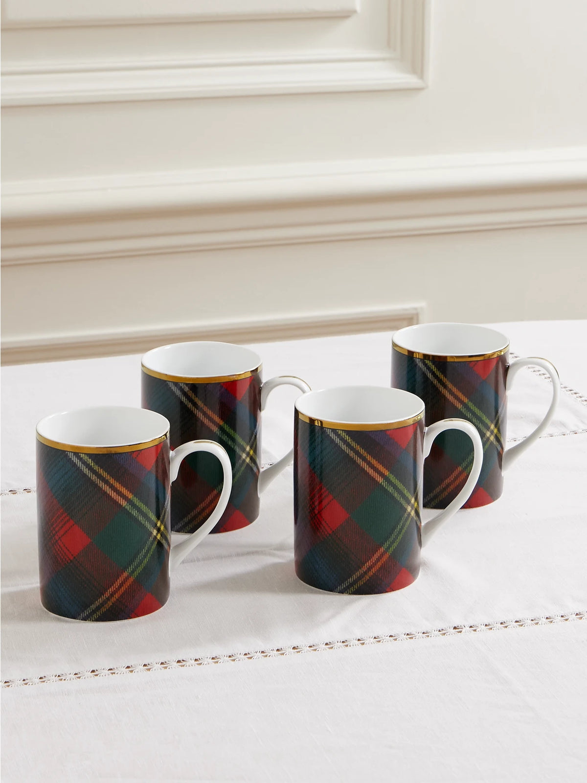 Alexander Set Of Four Gold-plated Checked Porcelain Mugs