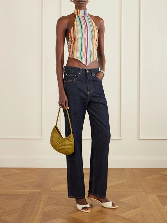 Striped Cotton And Silk-blend Crepe De Chine Halterneck Top