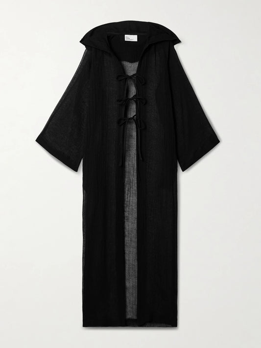 Image of Swimwear. Product name - Hooded Crinkled Linen-blend Gauze Kaftan in Black colour by brand - Lisa Marie Fernandez
