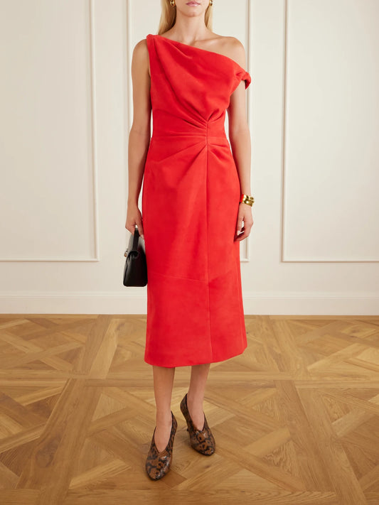 Image of Dresses. Product name - Kaelin Suede Midi Dress in Red colour by brand - Proenza Schouler