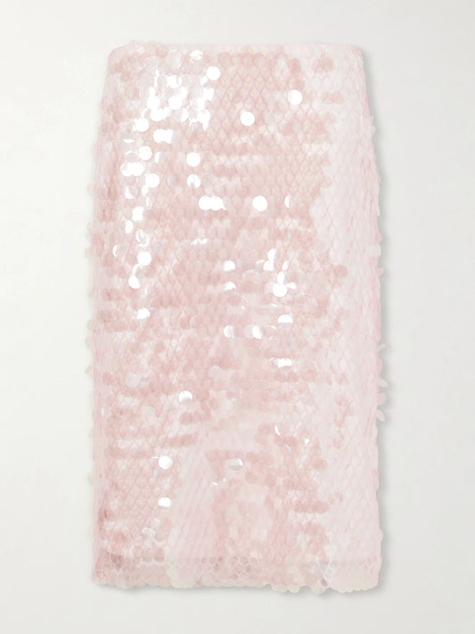 Image of a model wearing Skirts. Product name - Sequin-embellished Mesh-jersey Midi Skirt in Off-white colour by brand - Tory Burch