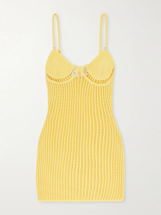 Image of Dresses. Product name - Crocheted Cotton-blend Mini Dress in Yellow colour by brand - The Attico