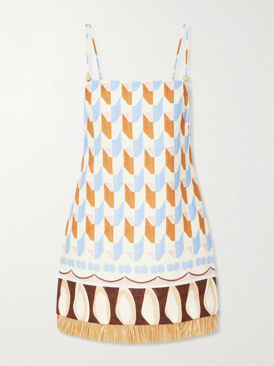 Image of Dresses. Product name - Valencia Printed Fringed Linen Mini Dress in Multi colour by brand - Cara Cara