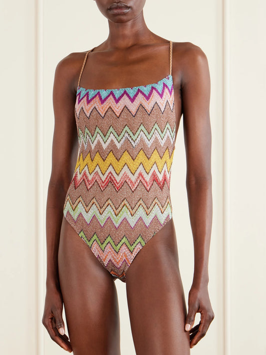 Mare Striped Metallic Crochet-knit Swimsuit