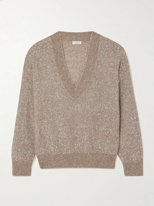 Image of a model wearing Outerwear. Product name - Sequined Knitted Sweater in Light brown colour by brand - Brunello Cucinelli