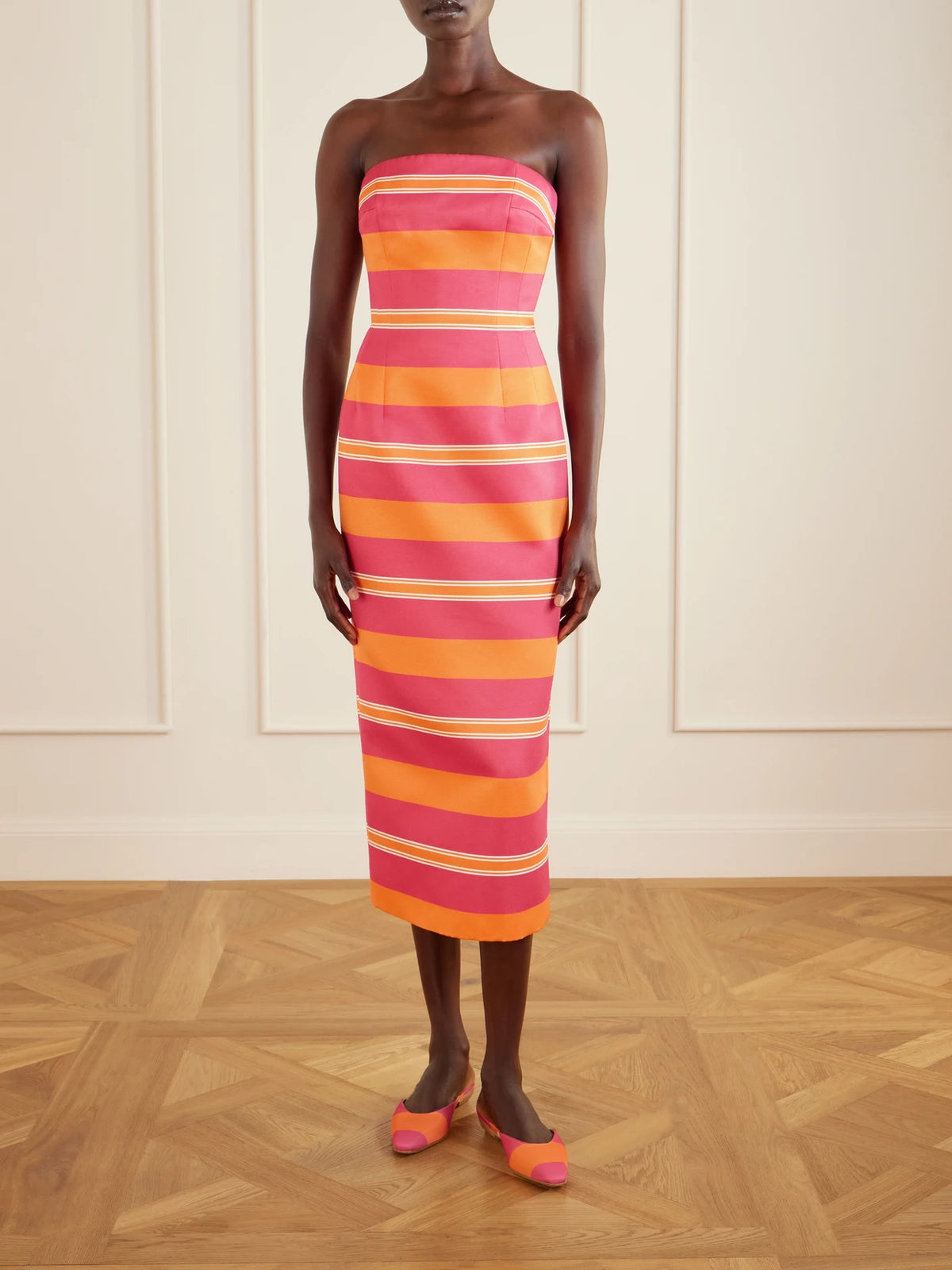 Image of Flats. Product name - + Emilia Wickstead Striped Twill Mules in Pink colour by brand - Manolo Blahnik