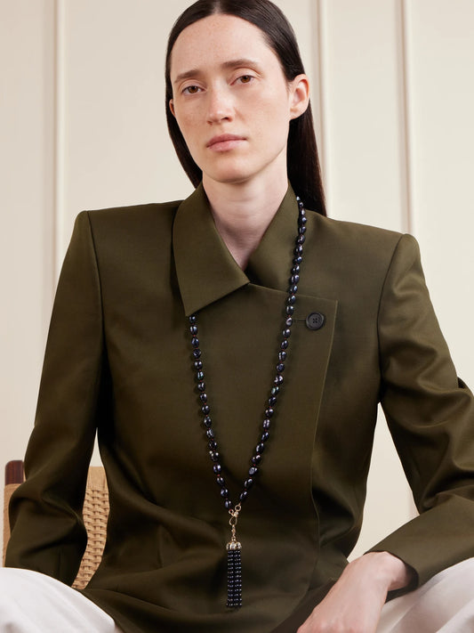 Image of Necklaces. Product name - 14-karat Gold, Diamonds And Pearl Beaded Necklace in Black colour by brand - Lucy Delius