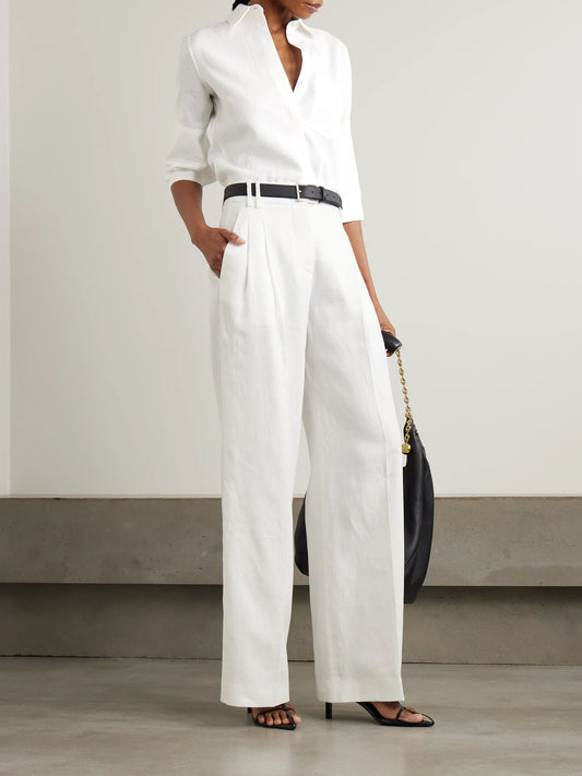 Image of a model wearing Tops. Product name - Linen Shirt in White colour by brand - Another Tomorrow