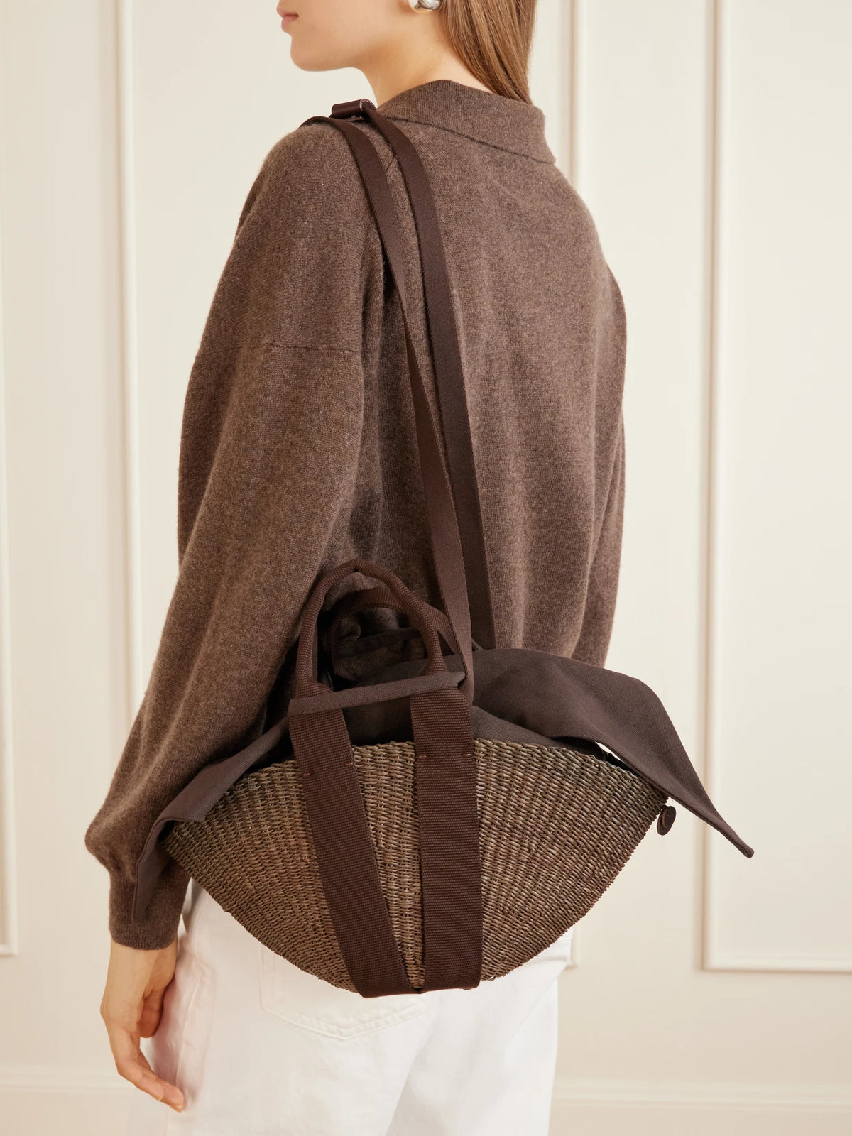 Image of Bags. Product name - Sophie Mini Cotton-trimmed Raffia Tote in Dark brown colour by brand - MUUÑ