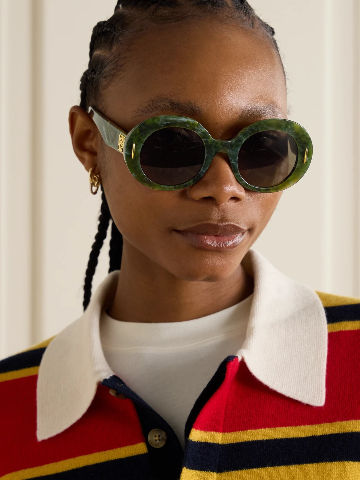Image of Sunglasses. Product name - Round-frame Marbled Acetate Sunglasses in Dark green colour by brand - Loewe