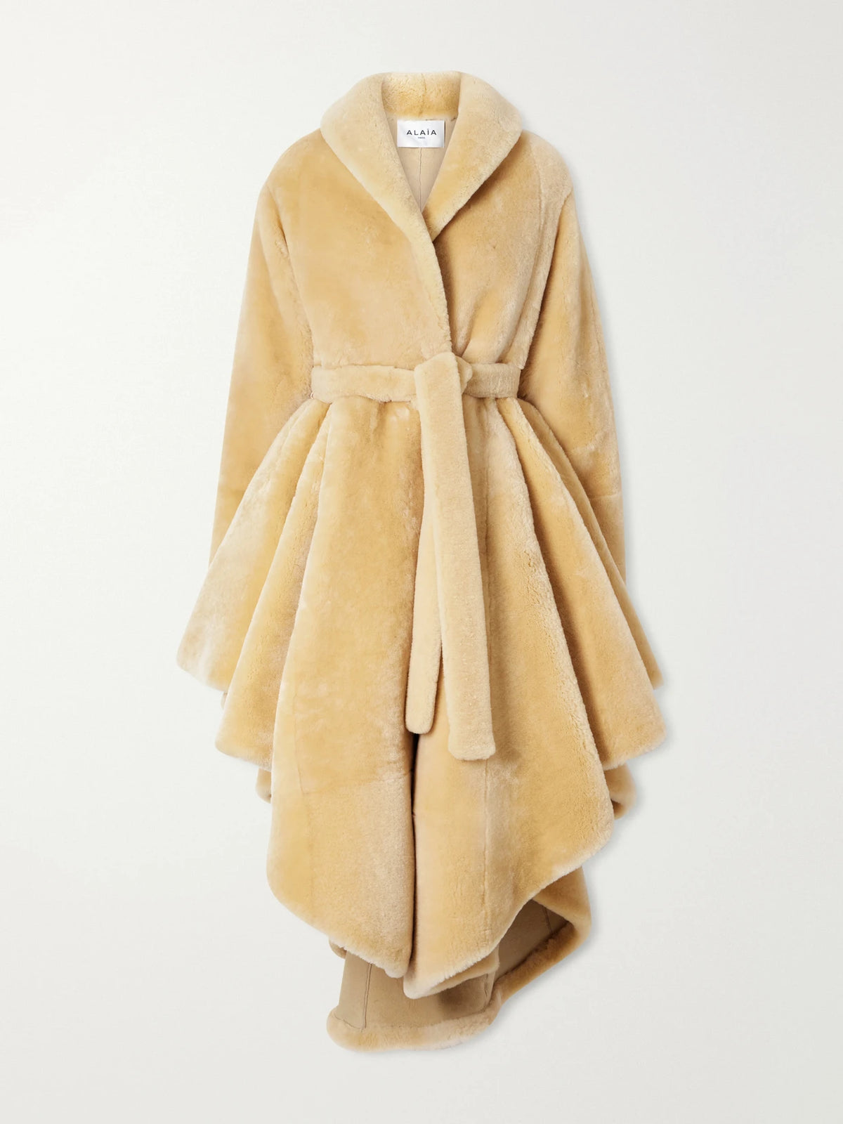 Alaïa Asymmetric Belted Flared Shearling Coat