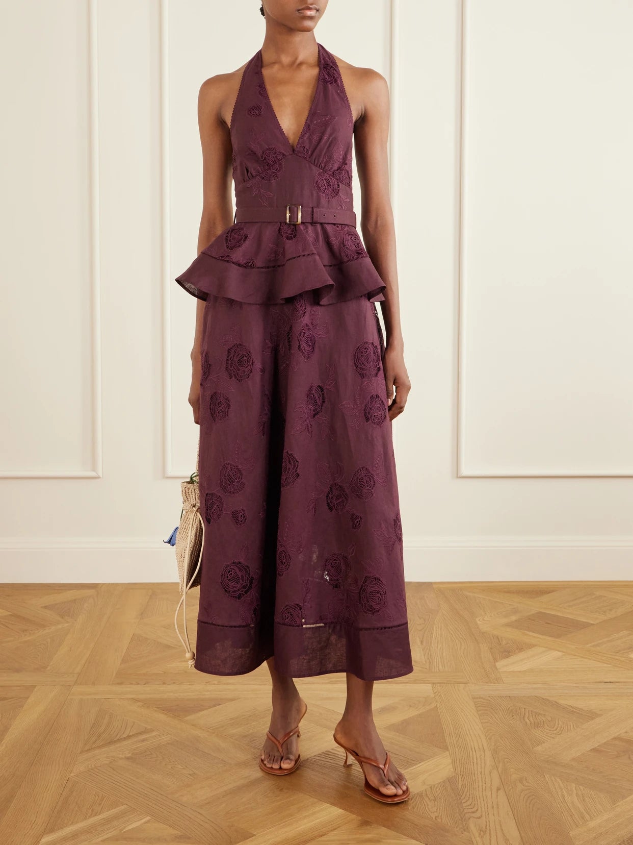 Image of Dresses. Product name - Belted Broderie Anglaise-trimmed Linen And Cotton-blend Peplum Midi Dress in Burgundy colour by brand - Self-Portrait