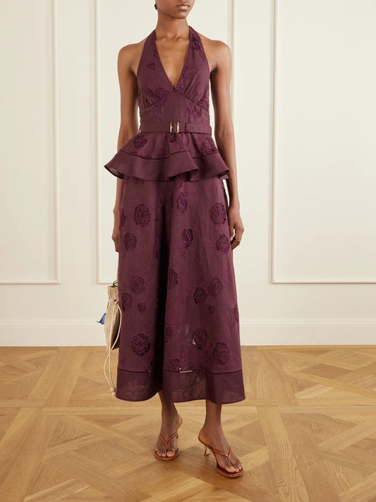Image of Dresses. Product name - Belted Broderie Anglaise-trimmed Linen And Cotton-blend Peplum Midi Dress in Burgundy colour by brand - Self-Portrait