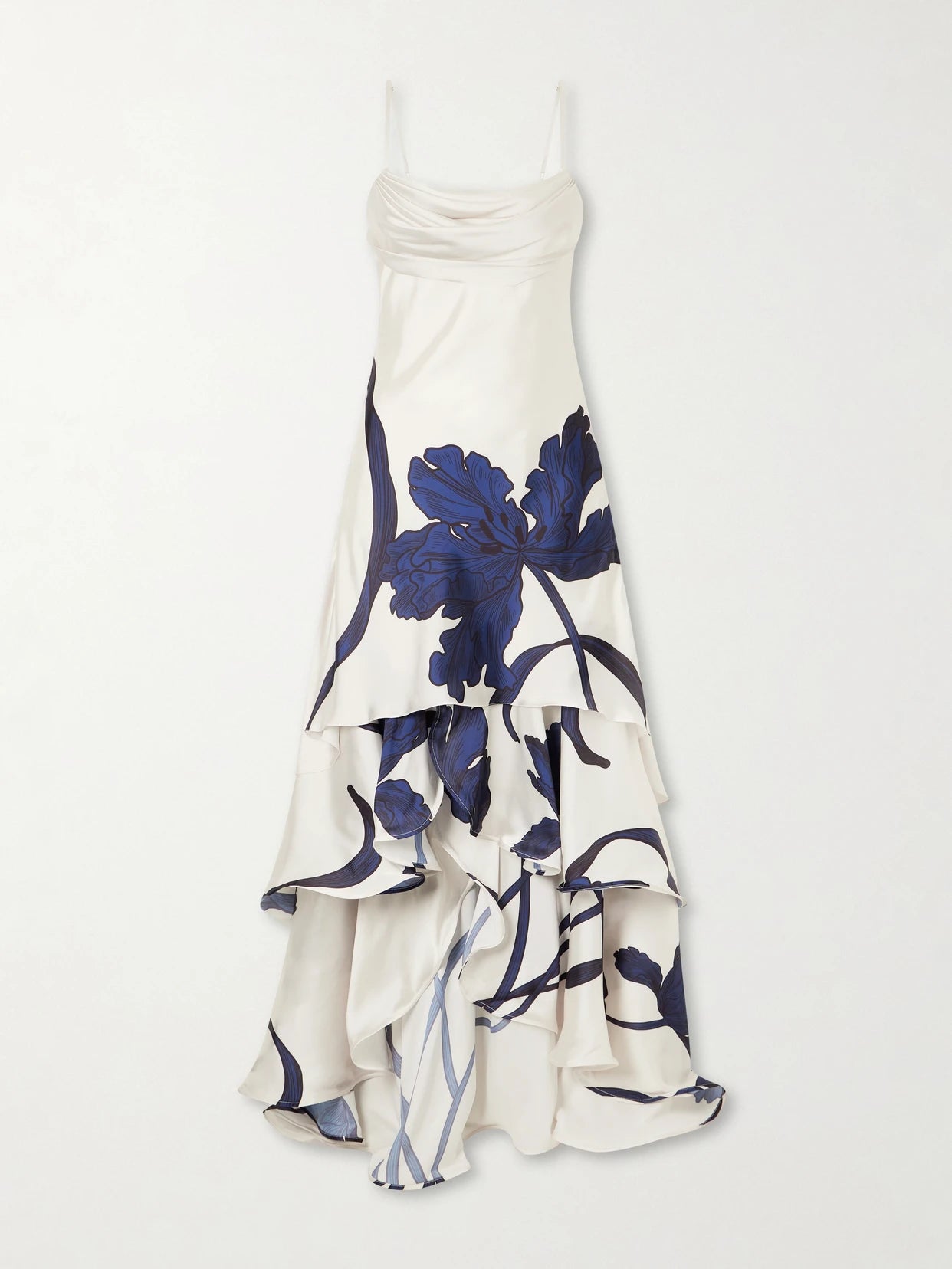 Inoportuna Printed Ruched Ruffled Satin Maxi Dress