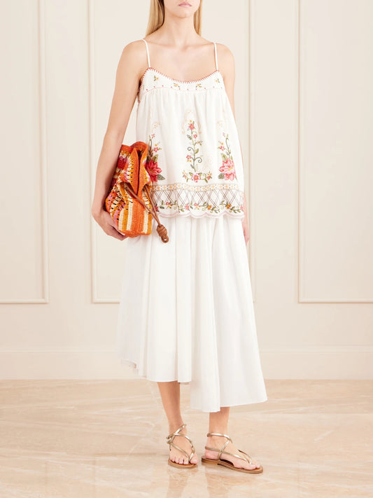 Image of a model wearing Tops. Product name - Floral-embroidered Linen-blend Cami in Off-white colour by brand - Farm Rio