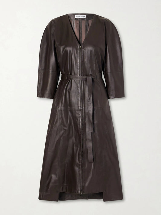 Image of Dresses. Product name - Dolman Belted Leather Midi Dress in Brown colour by brand - Victoria Beckham