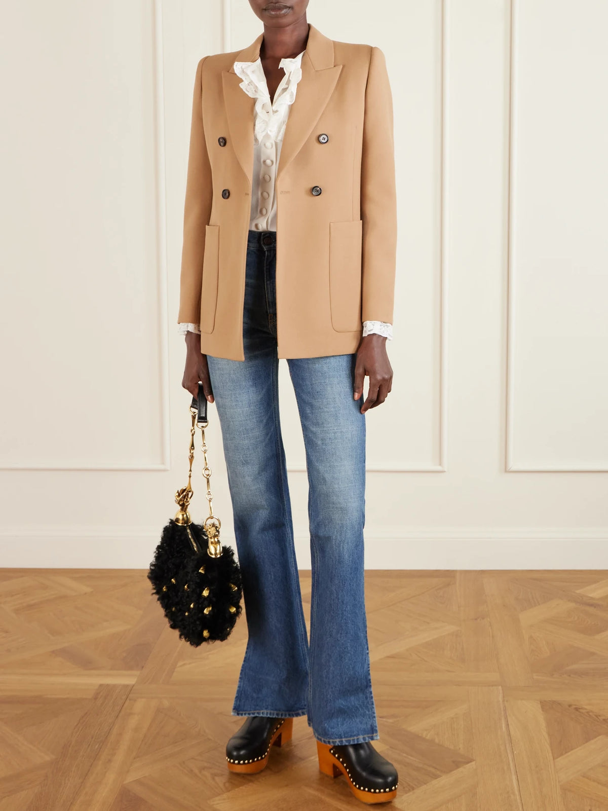 Image of Bags. Product name - Chain Horse Embellished Shearling Shoulder Bag in Black colour by brand - Chloé