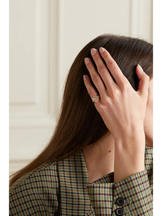 Image of Rings. Product name - Spiral 14-karat Gold Diamond Signet Ring in Multi colour by brand - Sydney Evan