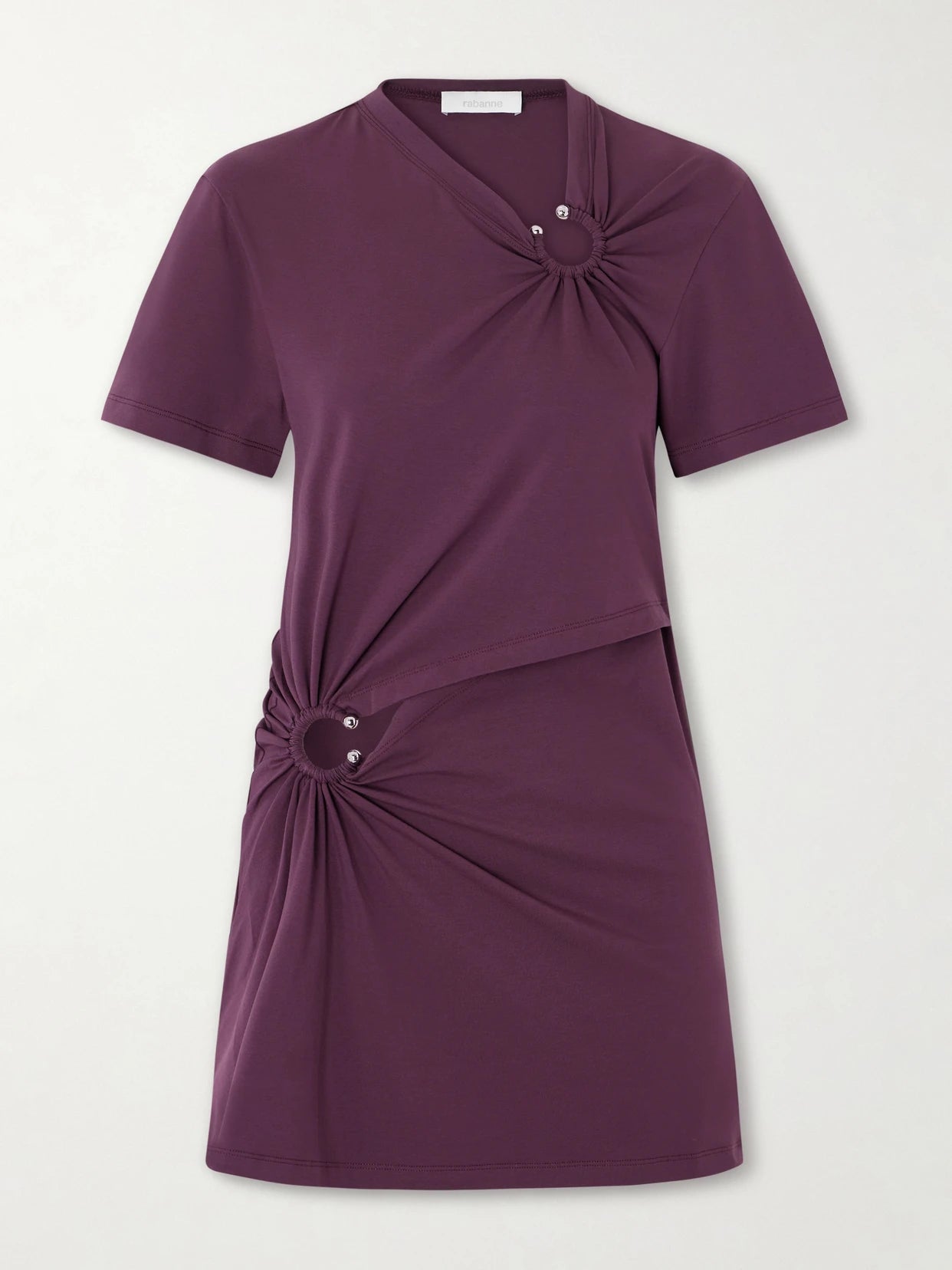Image of Dresses. Product name - Embellished Gathered Cut-out Cotton-blend Jersey Mini Dress in Burgundy colour by brand - RABANNE