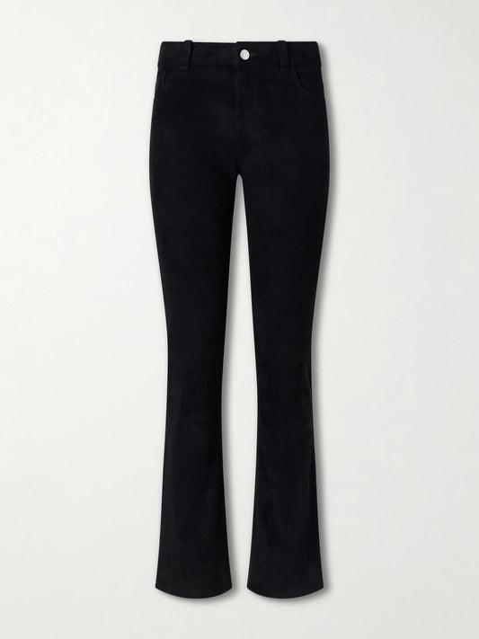 Image of a model wearing Pants. Product name - Dean Suede Flared Pants in Black colour by brand - STOULS