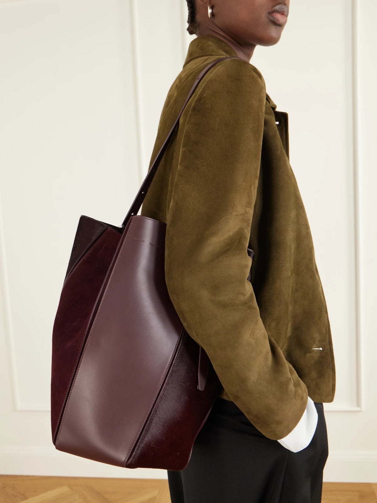 Image of Bags. Product name - Hex Leather, Suede And Calf-hair Shoulder Bag in Burgundy colour by brand - Proenza Schouler