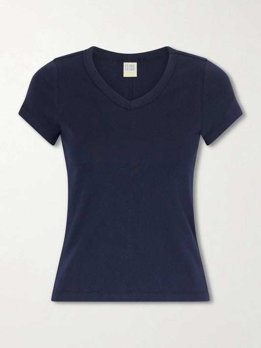 Image of a model wearing Tops. Product name - Jill Baby Organic Cotton-jersey T-shirt in Navy colour by brand - FLORE FLORE