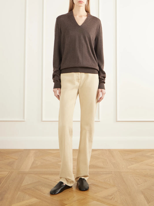 Image of a model wearing Outerwear. Product name - Piro Cashmere And Silk-blend Sweater in Brown colour by brand - The Row