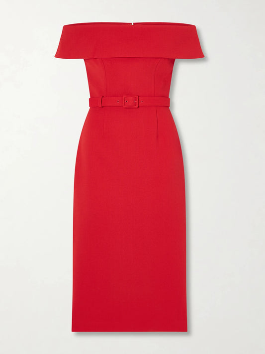 Image of Dresses. Product name - Precious Off-the-shoulder Belted Crepe Midi Dress in Red colour by brand - Rebecca Vallance