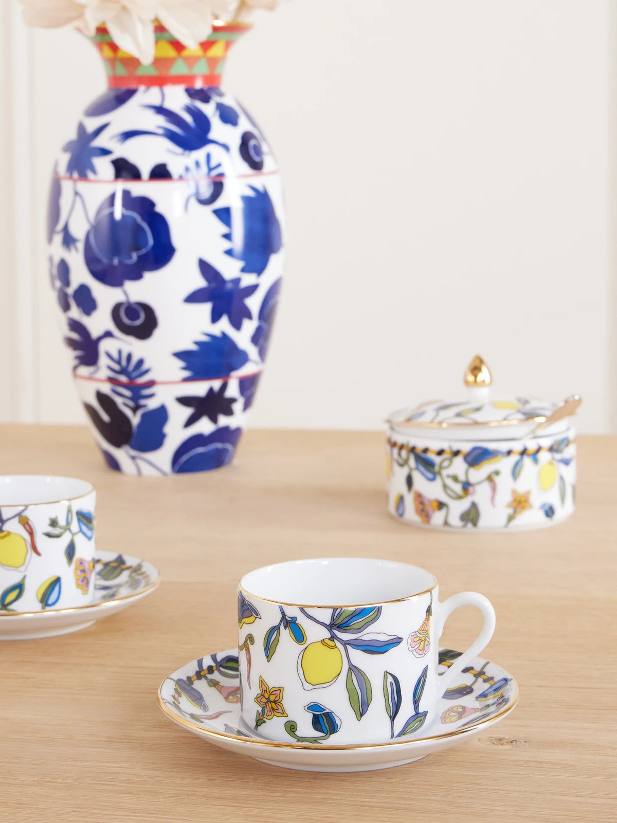 Image of Tableware. Product name - Impero Set Of Two Gold-plated Painted Porcelain Teacups in White colour by brand - La DoubleJ