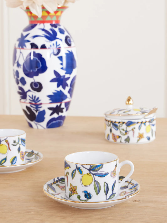Image of Tableware. Product name - Impero Set Of Two Gold-plated Painted Porcelain Teacups in White colour by brand - La DoubleJ